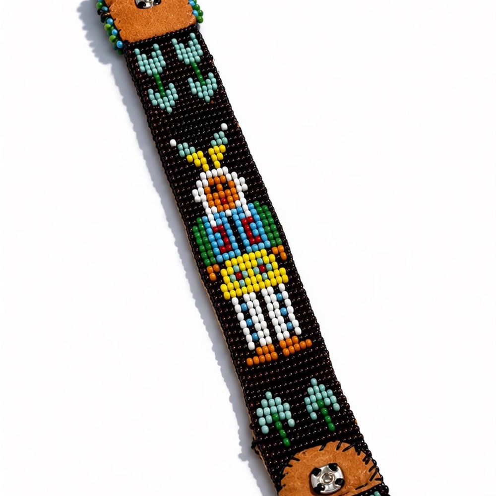 Native American Hand-Beaded Black Leather Cuff Bracelet with Colorful Figure